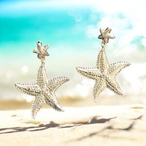Fashion Statement Starfish Beach Ocean Gold Plated Dangle Drop Earrings
